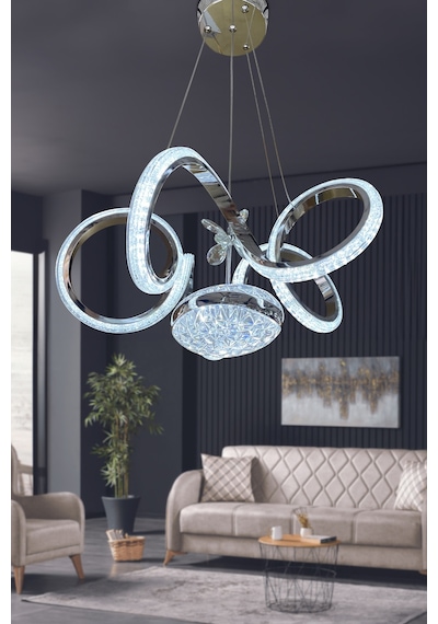 Kıvrım Eliza Tek Toplu Simli Slikonlu Modern Oturma Led Avizesi - Kumandalı / Krom Krom