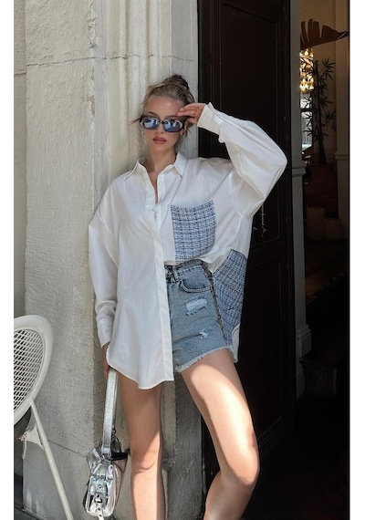 Fashion Cocktail Arkası At İşlemeli Kabartma Ekose Tüvit Düğmeli Cepli Asimetrik Ofis Yama İşi Tasarım Gömlek Mavi Fashion Cocktail Arkası At İşlemeli Kabartma Ekose Tüvit Düğmeli Cepli Asimetrik Ofis Yama İşi Tasarım Gömlek Mavi