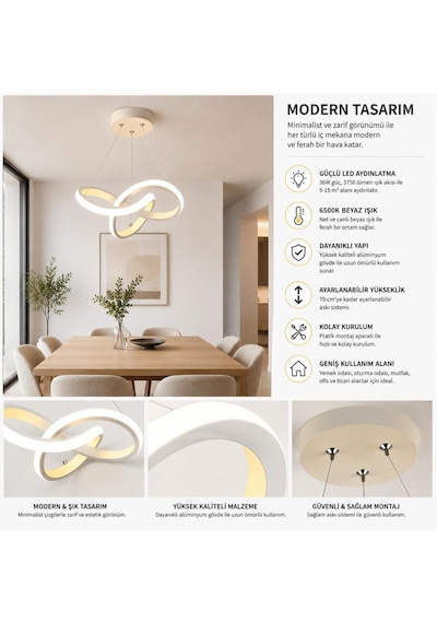 Aura Beyaz Ultrapower Led Avize, Modern Sarkıt Tasarım, Alüminyum Gövde, 6500k Beyaz Işık, 36w, 25 Cm Çap, Ayarla Çok Renkli