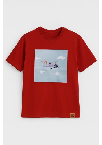 Markapia Woman Kadın Bisiklet Yaka %100 Pamuk Helikopter Baskılı Kısa Kollu T-shirt Kiremit L