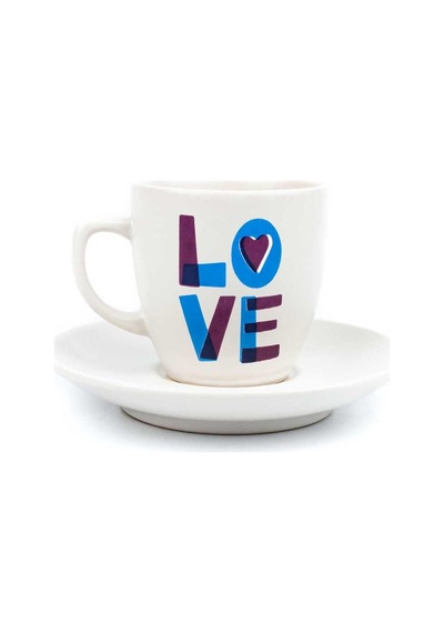 Love Krem Türk Kahvesi Fincanı - Hediye Seramik Türk Kahvesi Fincanı Açık Ahşap