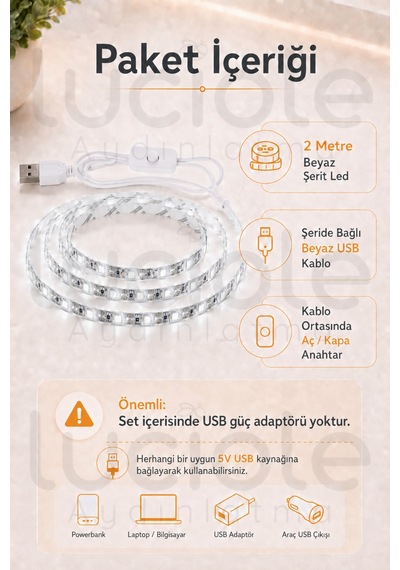 5v Usb Şerit Led 2 Metre Beyaz Işık Anahtarlı Powerbank Uyumlu Dolap Altı Tv Masa Led