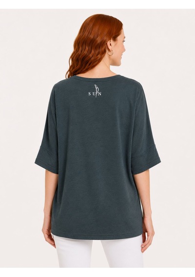 Neden Tekstil Kadın Oversize Yuvarlak Yaka Basic Bluz - Koyu Yeşil