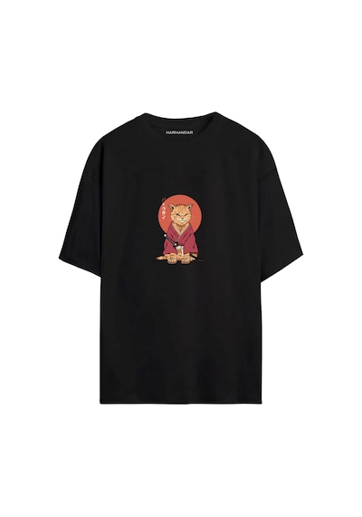 Anime Samuray Kedi Baskılı Unisex Siyah - Beyaz Oversize T-shirt SIYAH