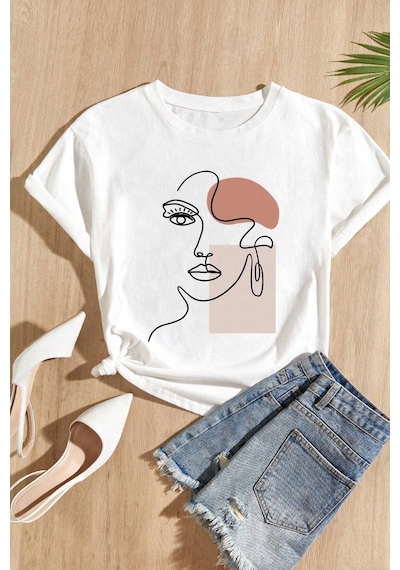 Unisex Make Up Siluet Baskılı Tasarım Tshirt Beyaz