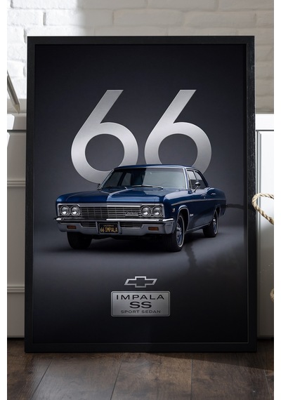 Chevrolet İmpala 66 Siyah Ahşap Çerçeveli Poster, Dekoratif Araba Duvar Tablosu