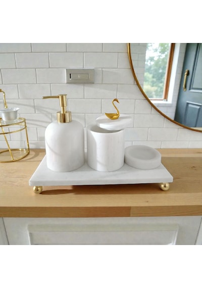 Mermer Banyo Seti Gold 4'lü Set Beyaz