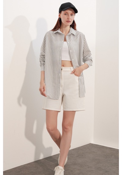 Bigdart Kadın Oversize Çizgili Gömlek 20412 - Siyah