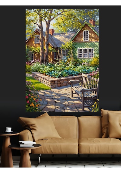 Ahşap Tablo Çiçekli Bahçe Evi Manzara