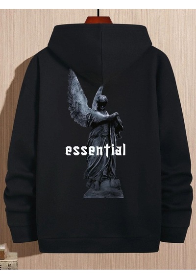 Unisex Siyah Essential Baskılı Kapüşonlu Oversize Sweatshirt Hoodie Siyah