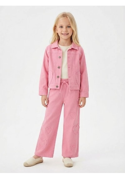 Zekids Kız Çocuk Kalp Detaylı Üçlü Takım Ceket + Bluz + Pantolon -17174 Pembe