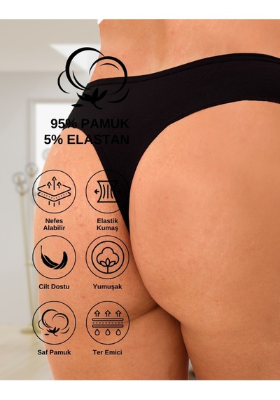 Alya Underwear Kadın Bato Tanga Pamuklu Külot, Büyük Beden String, 5'li Paket- 2 Siyah, 1 Beyaz, 2 Ten Siyah P06