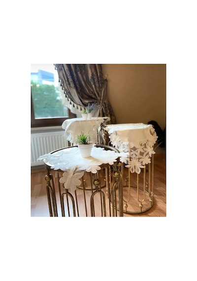 Salon Takımı Çeyizlik Helena Model Krem 5 Parça Keten Dantelli Runner Seti Bzckh607 Çok Renkli