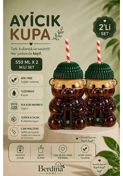 2li Ayıcık Tasarım Cam Pipetli Soğuk İçecek Kahve Bardağı Yeşil Şapkalı Bear Bardak 550ml Barista Şefaf