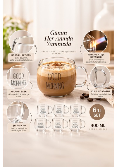 Porsima 2088 6lı Borosilikat Isıya Ateşe Dayanıklı Cam Kulplu Çay Bardağı Kahve Bardak Kupa Şeffaf 400 Ml