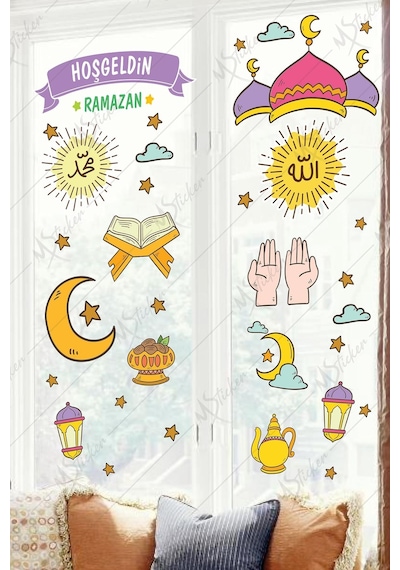 MSticker Hoşgeldin Ramazan Dua Cami Ay Fener Figürleri Cam Duvar Dekorasyon Sticker Seti