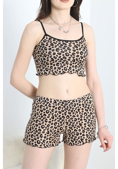 Lukitus İp Askılı Şortlu Pegasus Crop Pijama Takımı Kahve - Leopar Lukitus İp Askılı Şortlu Pegasus Crop Pijama Takımı Kahve - Leopar