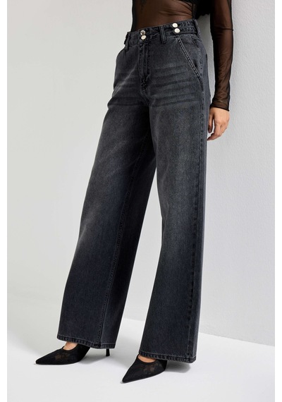 Itsbasic Kadın Füme Renk 2w5-1 Wide Leg Fit Bol Kesim %100 Koton Kemer Detaylı Denim Jean