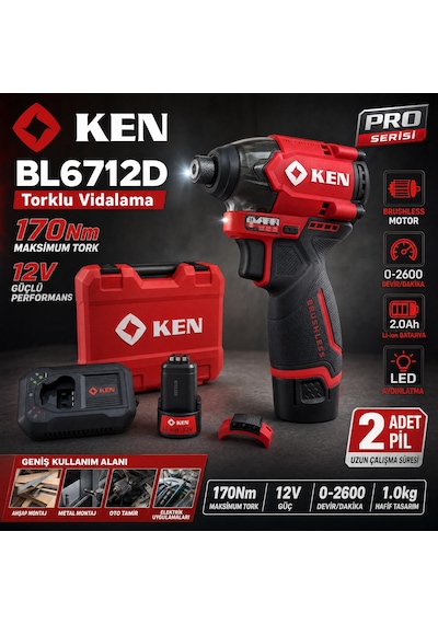 Ken 6712D 170 NM 12V 2AH Torklu Vidalama Matkap