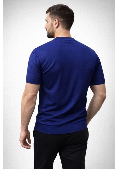 Erkek Yazlık Triko Dokuma Tişört Kısa Kol Bisiklet Yaka Örgü Desenli T-shirt - Lacivert