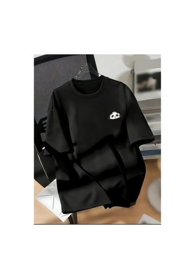 Medinenur Panda Baskılı Basic T-shirt Siyah