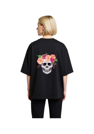 Paybuy Kadın Oversize Tişört Kafatası Çiçek Baskısı Su Rengi Tekniği San Siyah