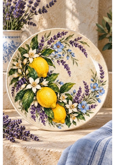 Dekoratif Duvar Tabağı Limonlu Akdeniz Desenleri Dekorlu Seramik Tabak Lacivert