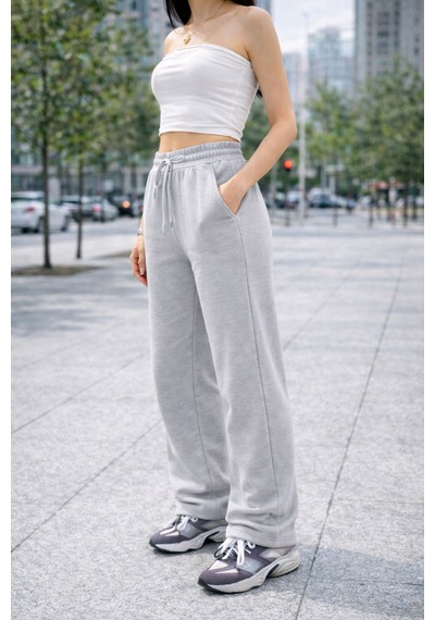 Winmoda34 Kadın Trend Bol Paça Modal Kumaş Eşofman Altı Çift Cepli Wide Leg Gri
