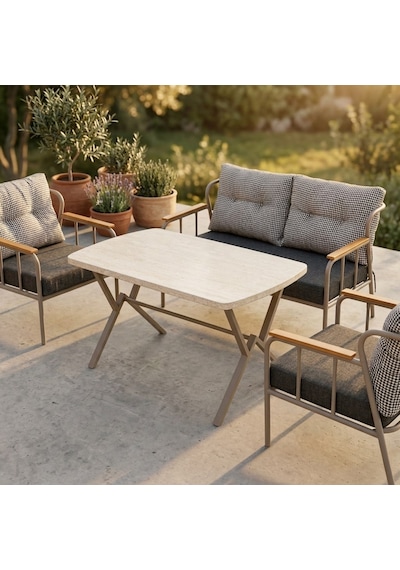 Paris 2+1+1+ 70x120 Traverten Masa Metal Balkon Takımı Keten Dokulu Kumaş Cappuccino Metal - Bahçe Teras Oturma Grubu Gri - Antrasit