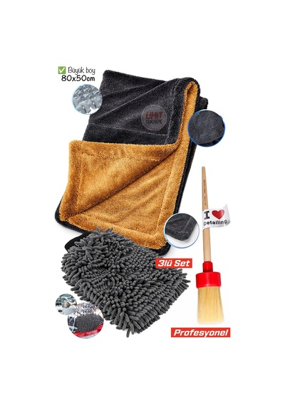 Twiss Çift Taraf 80x50 Mikrofiber Oto Kurulama Havlusu Şönil Profesyonel Detailing Fırçası 3lü