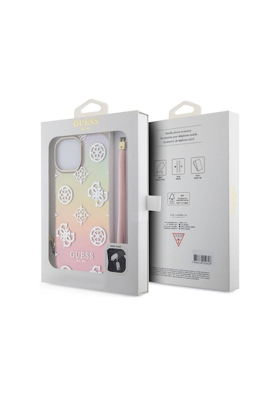 Apple Uyumlu iPhone 15 Plus Kılıf Guess Lisanslı Yazı Logolu Askı İpli Holografik Glitter Peony