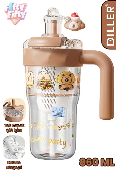 Dıller 860 Ml Pipetli & Rahat İçim Çift Kullanım Tritan Su Matarası Suluk -ffd860ml3renk Kahverengi