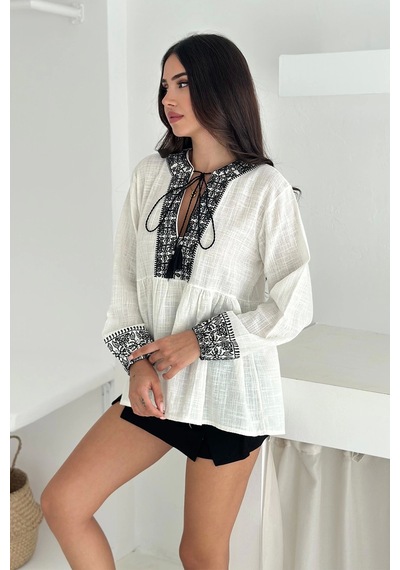 Asprin Fashion Etnik Desenli Bağlamalı Bluz Siyah Siyah