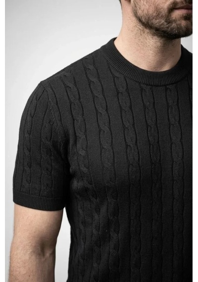 Suma Erkek Yazlık Triko Dokuma Tişört Kısa Kol Bisiklet Yaka Örgü Desenli T-shirt - Siyah