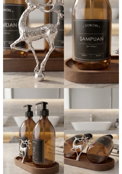 Sabunluk Amber Şişe Cam İkili Şampuan-duş Jeli Banyo Düzenleyici Lüks Gümüş Geyik Ahşap Standlı 500ml