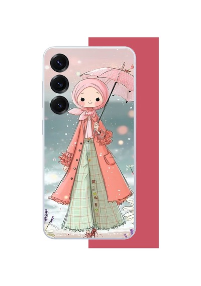 Samsung Galaxy S25 Uyumlu Pembe Şemsiyeli Kız Baskılı Silikon Kılıf Renkli