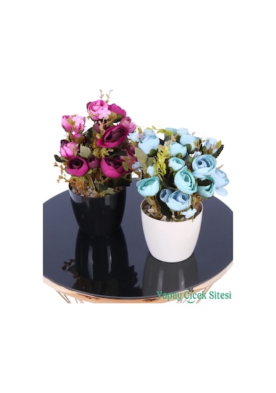 Yapay Çiçek Sitesi Plastik Saksıda Yapay Ranunkulus Tanzimi 2'li Set 30 Cm Mor Pembe - Turkuaz