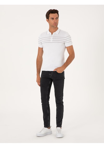 Beyaz Slim Fit %100 Pamuk Fermuarlı Polo Yaka Triko T-shirt
