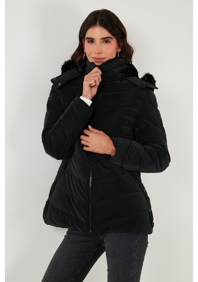 Lela Kapitoneli Slim Fit Çıkarılabilir Kapüşonlu Bayan Mont 497Mara Siyah