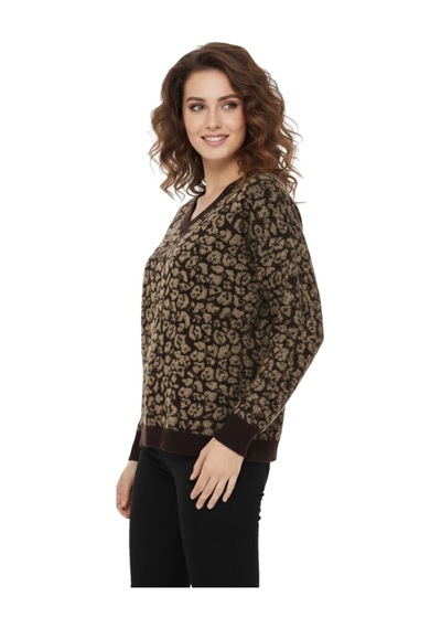 Lavella Kadın V Yaka Leopar Desen Sakallı Triko Kazak Bgl-st05079 Kahverengi