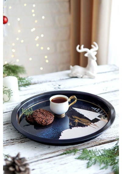 Winter Deer Desenli Yuvarlak Metal Tepsi, 31,5 Cm