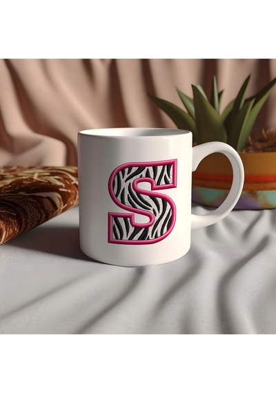 S Harfi Zebra Deseni Ve Pembe Kenarlı Kupa Bardak - Kişiye Özel Nakış Efektli - Siyah Beyaz Pembe Beyaz