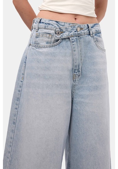 Itsbasic Kadın Kot Rengi 4s6-3 Mega Baggy Fit Kemer Detaylı Bol Kesim Denim Jean Mavi