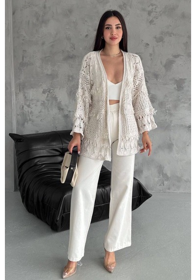 Noa & Noa Kadın Desenli Açık Örgü Hırka Romantik & Modern Stil Ekru