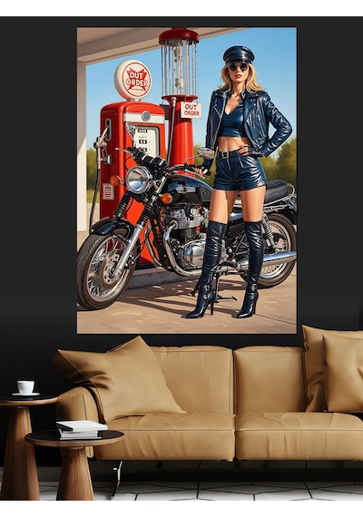 Motosikletli Pin-up Sarışın Kadın Dekoratif Kanvas - Mdf Ahşap Tablo