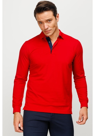 Desen Triko Erkek Polo Yaka Uzun Kollu Sweatshirt Kırmızı Kırmızı