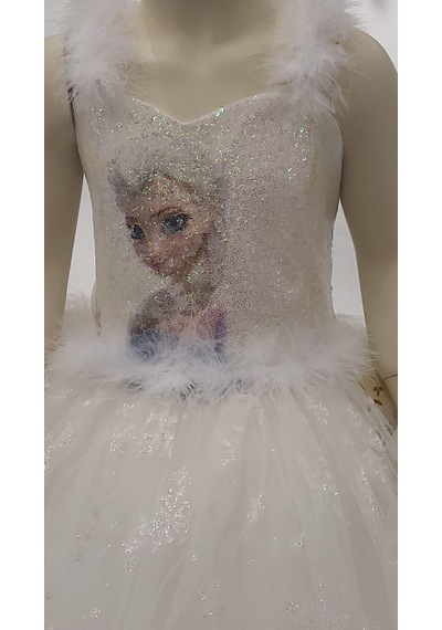 Okay Kız Çocuk Tarlatanlı Simli Frozen Abiye-8076-krem Krem