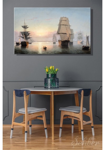 Fitz Henry Lane'in Ünlü "boston Harbor, Sunset" Adlı Tablosu Yatay Kanvas Tablo Tekli 3734 Çok Renkli