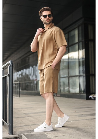 Madmext Camel Tensel Kumaş Erkek Şort Gömlek Takım E7352 Camel