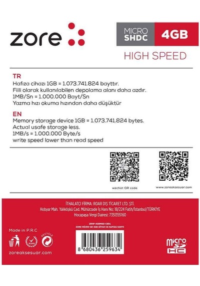 More TR Zore Micro SD Hafıza Kartı 4GB